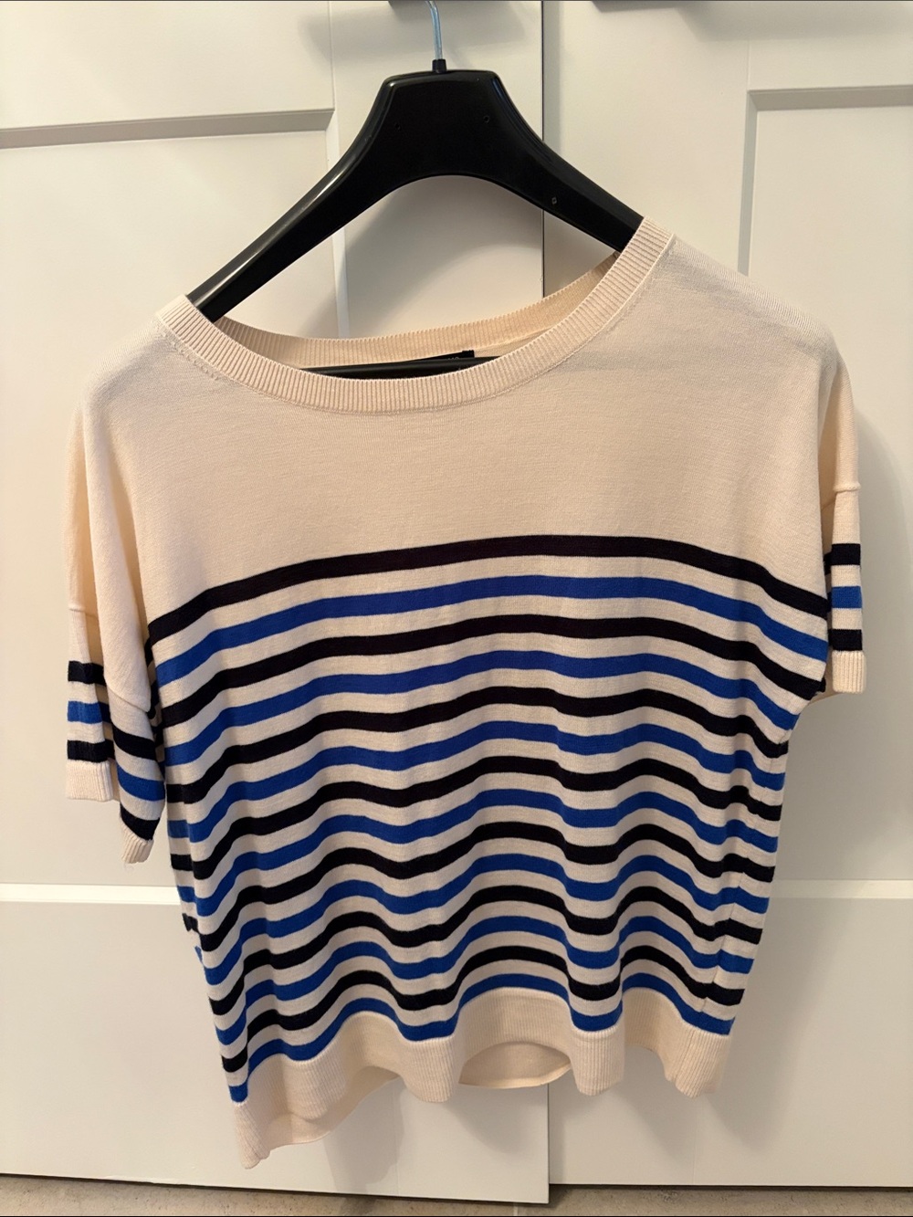 Cream Striped Short-Sleeve Knit Top with Blue & Black Stripes